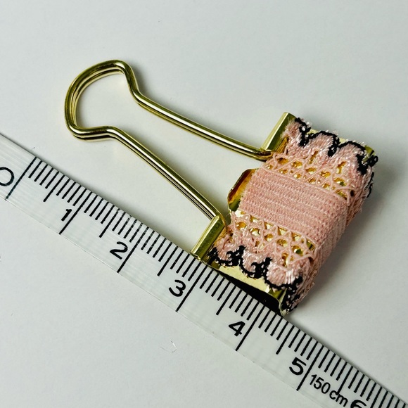 Fold Down Binder Paper Clips Wrapped in Pink Lace Ribbon Set of 6 - Picture 5 of 6